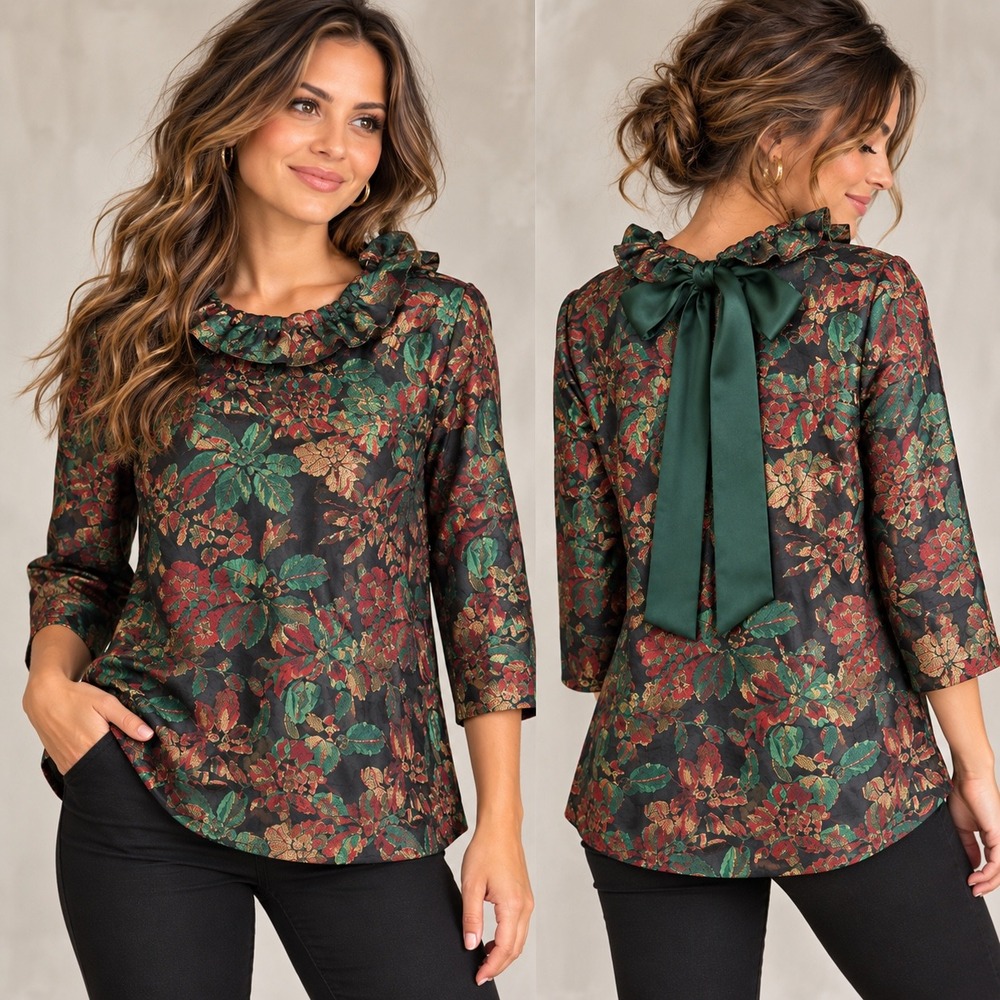 Shop the Mint Floral Brocade Blouse S Green Red Gold Metallic Bow Back Top